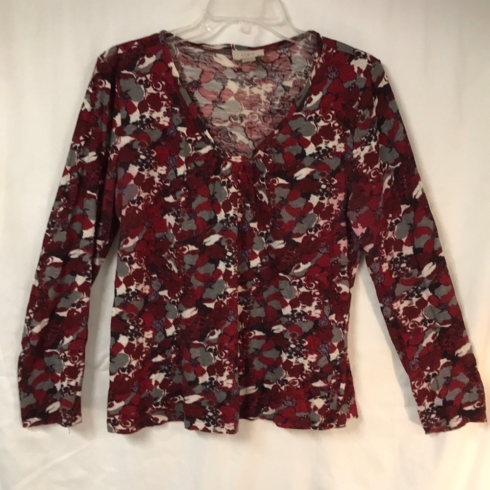 LOFT Women’s Tunic Top Size L Dark Red Gray Black Abstract Floral V Neck gathers